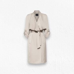 BCBGmaxazria Beige Faux Wrap Sateen Trench Dress Draped Neck Belted Size XS EUC